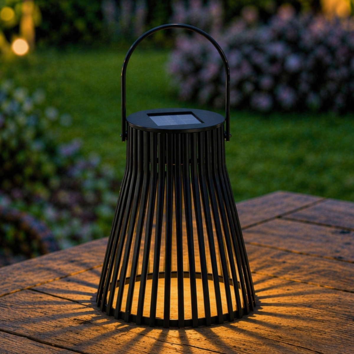 Solar Table Lantern Black Slatted LED Light Hanging Outdoor Garden Lamp 20cm