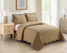 3pc Full/Queen Over Size Luxury Embossed Bedspread Set Light Weight Solid Taupe