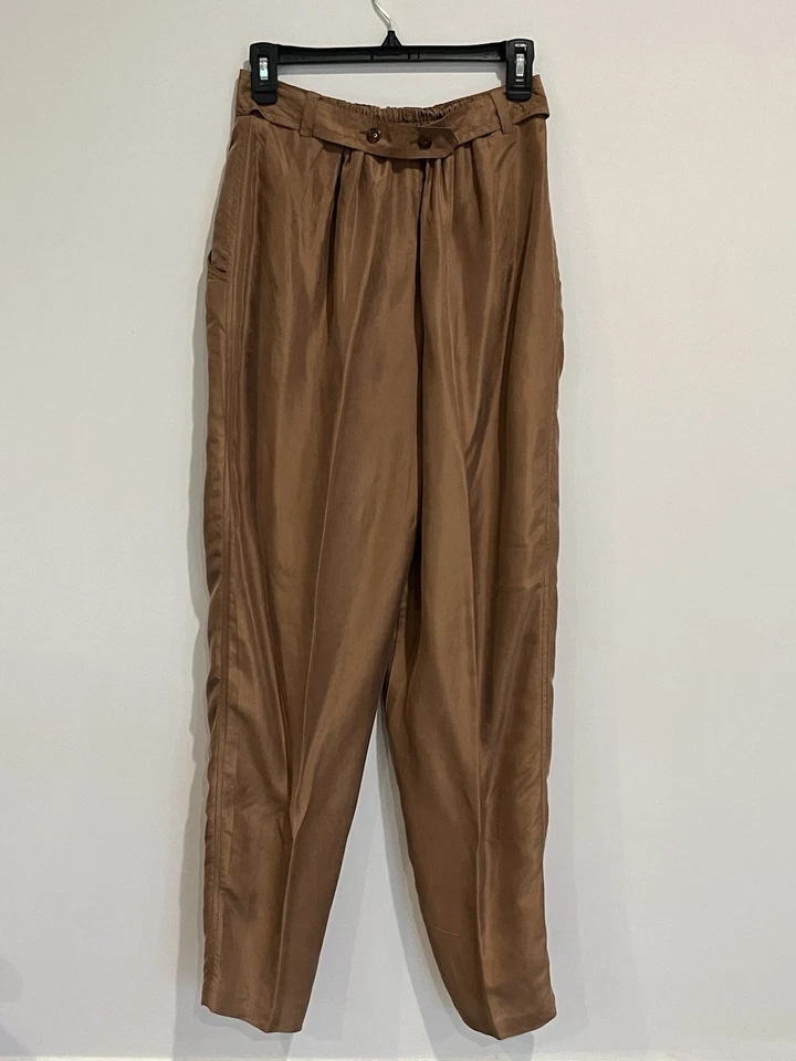 Pantalones 100 % seda para mujer marrón medio vintage plisados bolsillos cintura alta recta Foto 3 de 4