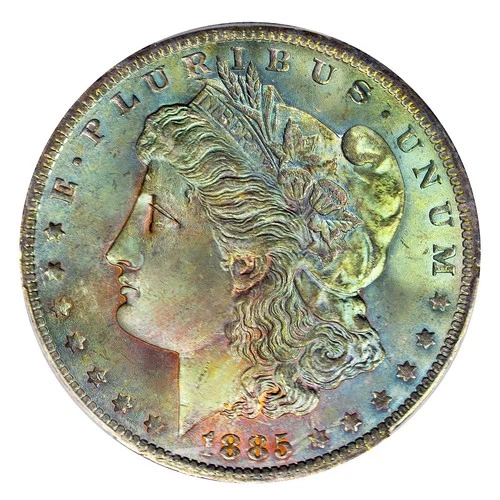 1885-O PCGS MS64 MORGAN $ GORGEOUS VIBRANT RAINBOW TONING (VIDEO} **