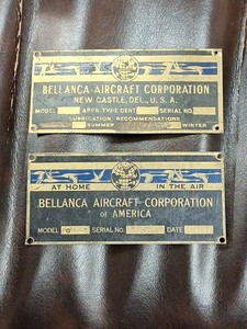 Bellanca Aircraft Corp. Spec Nameplate 1932