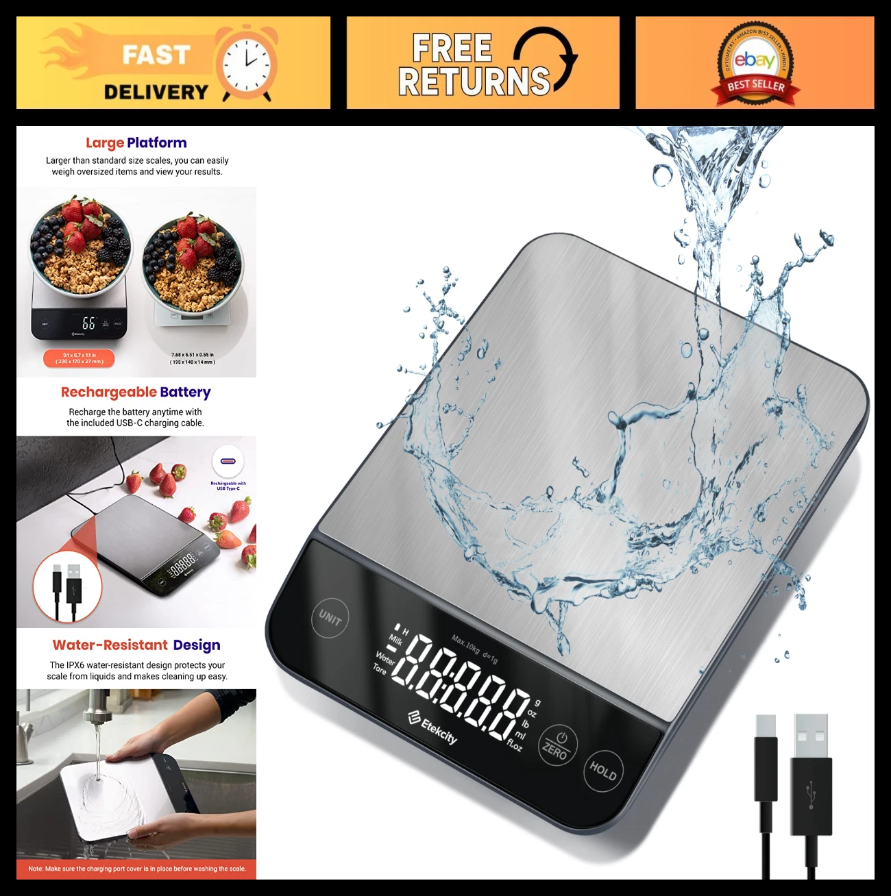 Digital Kitchen Scale for Cooking & Baking, 22lb Capacity, Waterproof, USB Recha