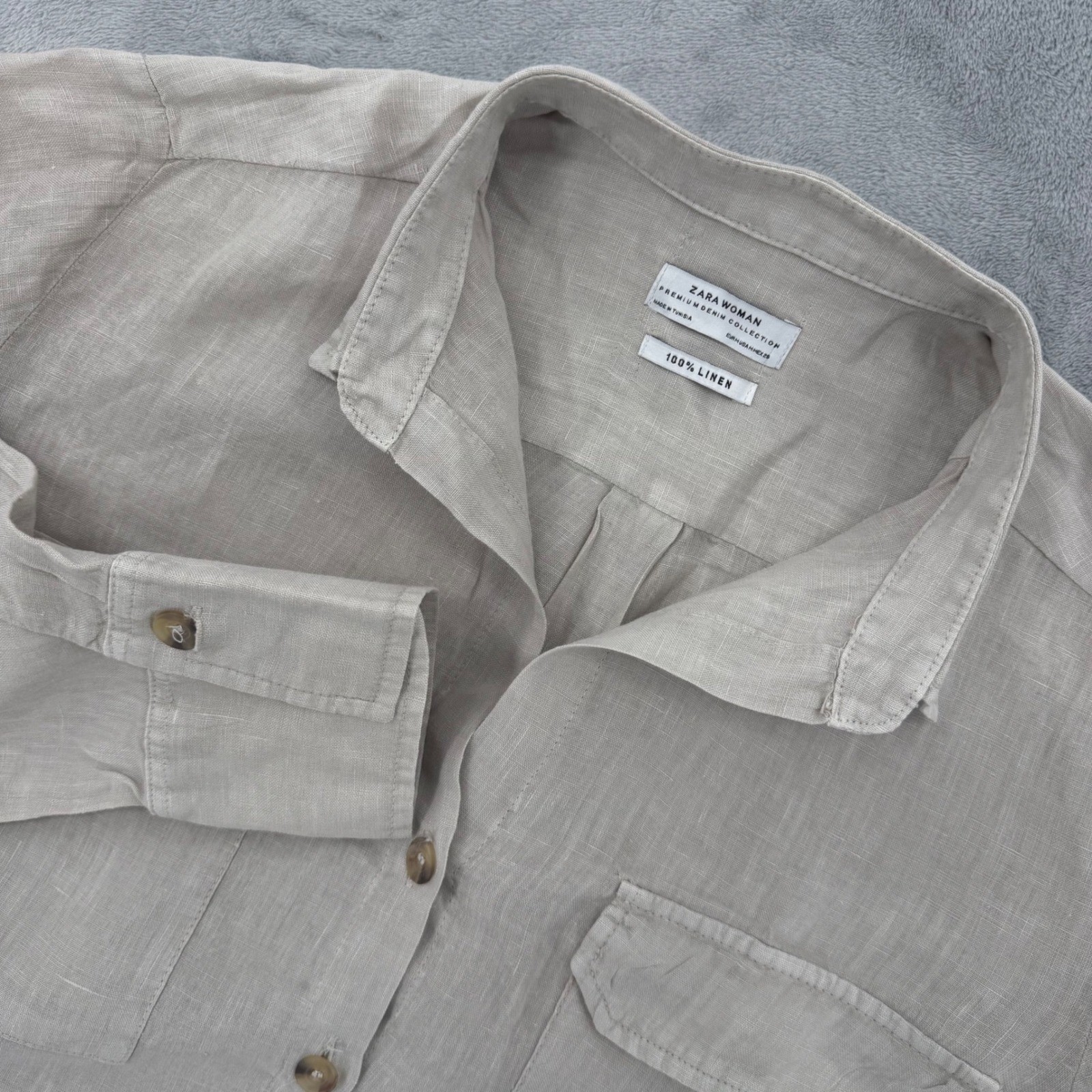 Zara Woman 100% Linen Beige Button Down Shirt Long Sleeve Pocket Top Size M