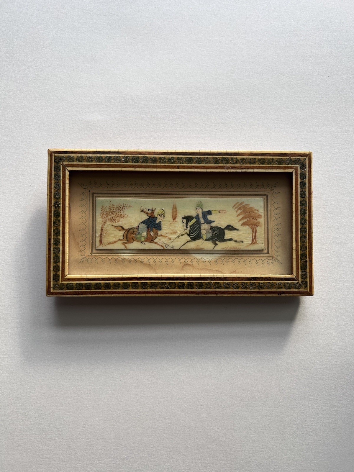 Vintage Persian Miniature Painting Horsemen Warriors Khatam Frame Islamic Art