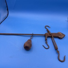 Antique 1800s Cast Iron Balance Beam Scale 3 Hooks w/ Sliding Weight