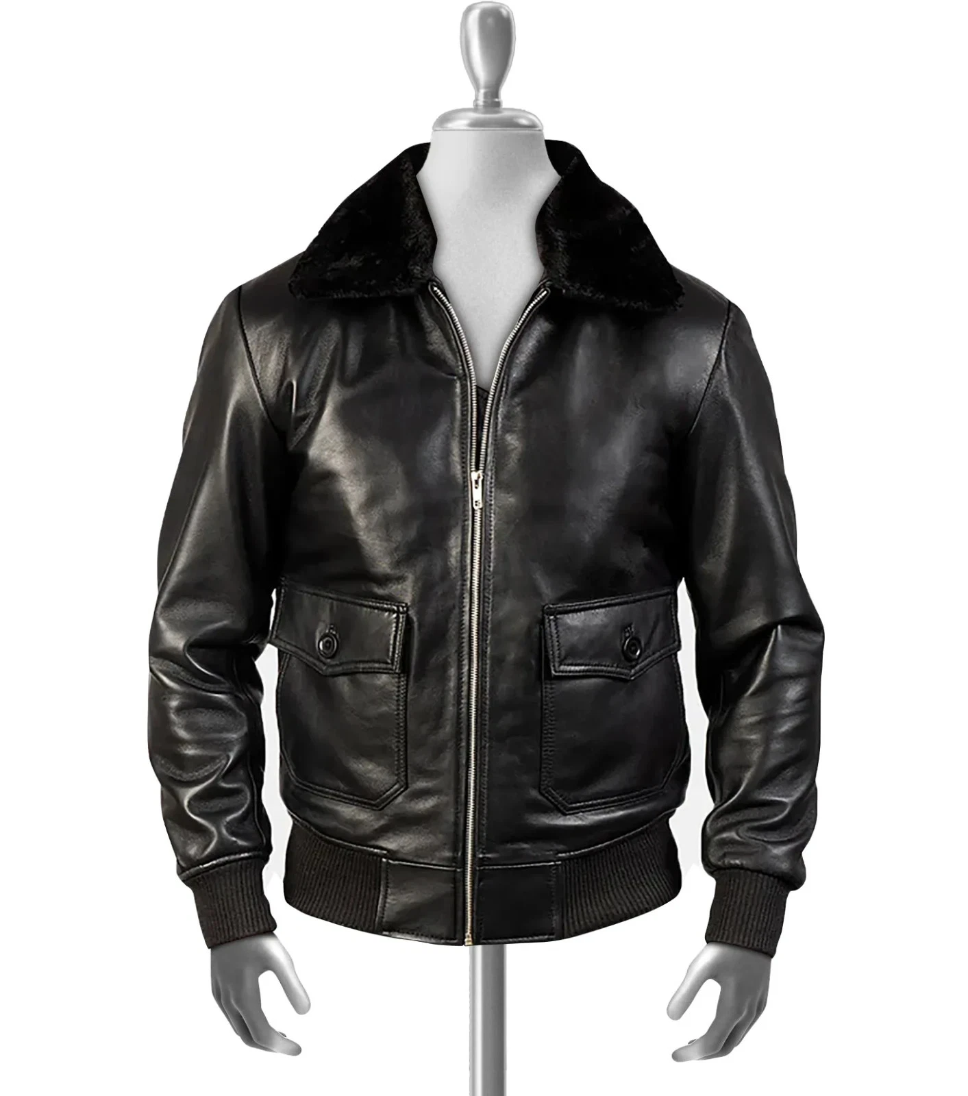 Men's Black 100% Real Leather Jacket Fur Collar Zip Front Luxury Bomber Coat