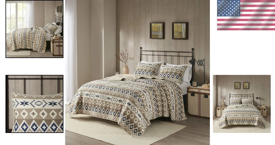 Oversized King Reversible Quilt Set - Rustic Montana Tribal Design with Shams - Image 2 of 4