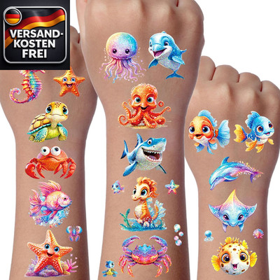 Kinder Tattoo Set mit Glitzer - Ozean Meerestiere, 12 Blätter, Temporär, kreativ