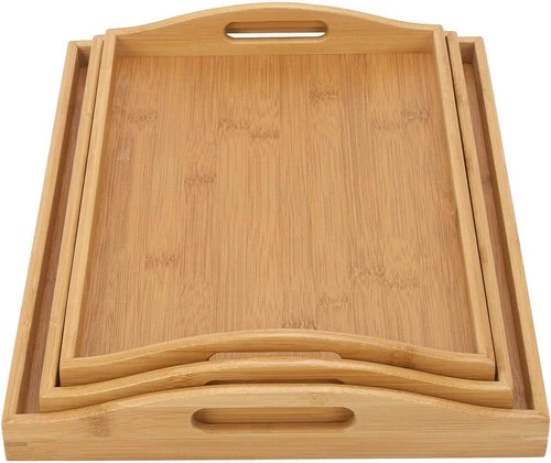 Vencier Bamboo Serving Trays Set of 3 Wooden Platters with Handles Lightweight!