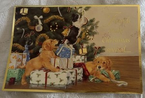 Christmas Cards: Century Greetings Features Puppies/Cat Under a Christmas Tree!