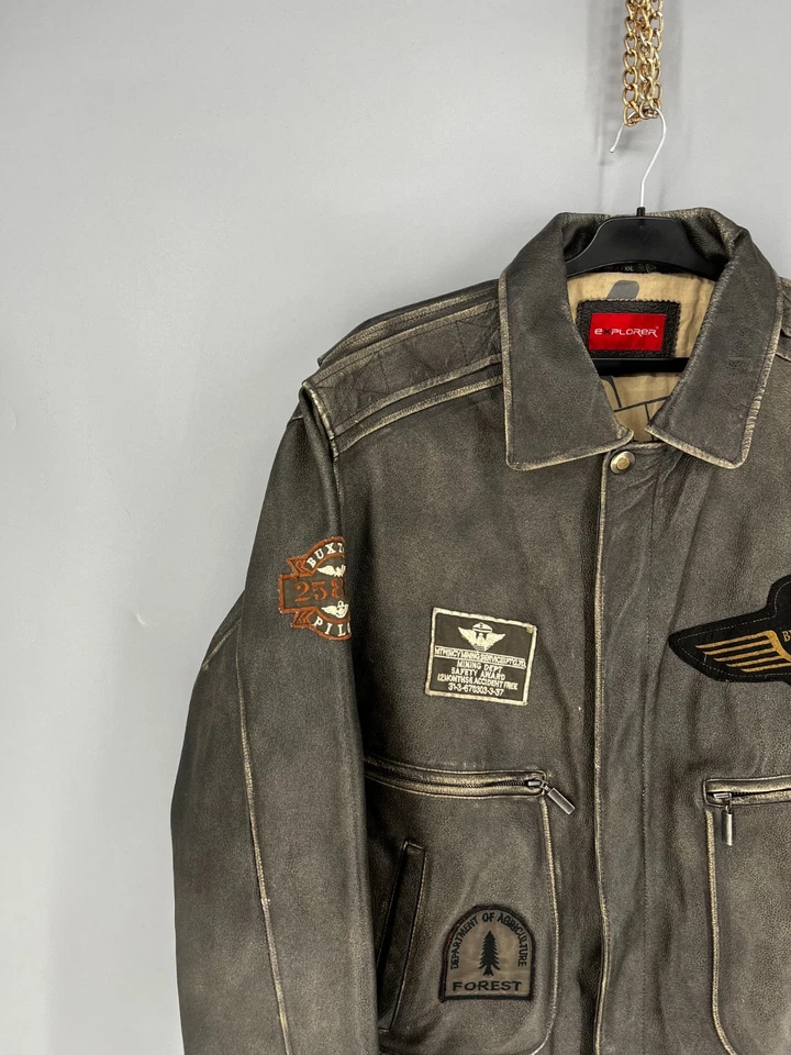 Vintage Explorer Real Leather Aviator Bomber Jacket XXL Gray Distressed Patches - Image 4 of 4