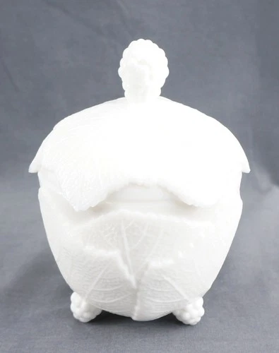 Vintage Fostoria White Milk Glass Grape Leaf Candy Dish With Lid, Mid-1950's