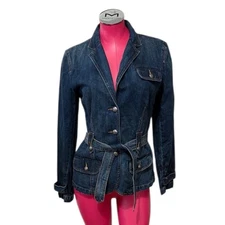 Lauren Ralph Lauren Dark Blue Harbor Belted Denim Jean Jacket Size Medium V-Neck