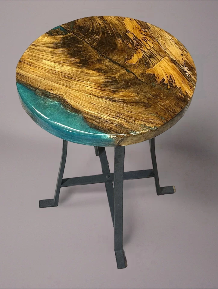 Handmade 18” Round Spalted Elm & Okinawa Blue Epoxy Side Table Top Only - Image 2 of 3