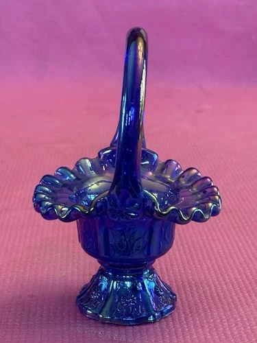 Fenton Cobalt Blue/Amethyst Carnival Mini Glass Basket Ruffle Edge Paneled Daisy