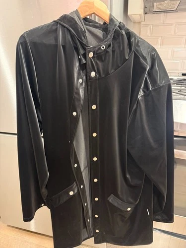 RAINS Long Hooded Rain Jacket Velvet Shiny Black M/L Unisex Raincoat - product listing photo