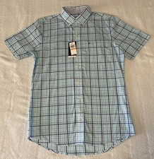 NWT IZOD Short Sleeve Button Down Plaid Shirt, Turquoise And Blue MSRP 60