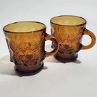 2 Vtg Anchor Hocking Fire King Kimberly Amber Glass Coffee Cups Mugs Diamond