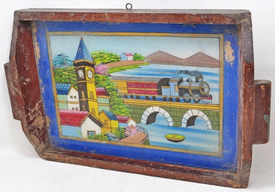 Bandeja de servir de vidro antiga de madeira original antiga feita à mão pintada finamente - Imagem 3 de 4