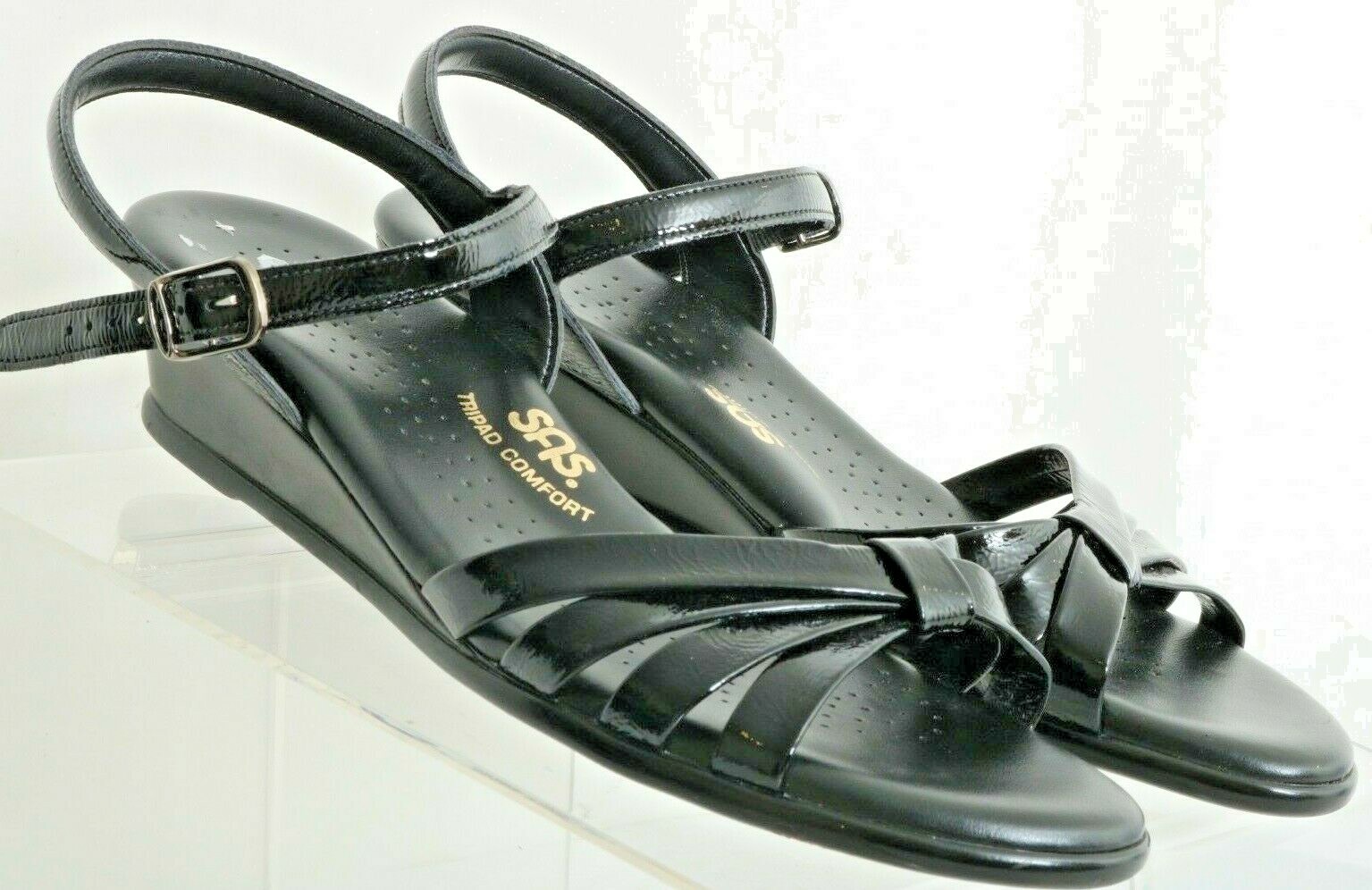 SAS Strippy Black Patent Wedge Strappy 