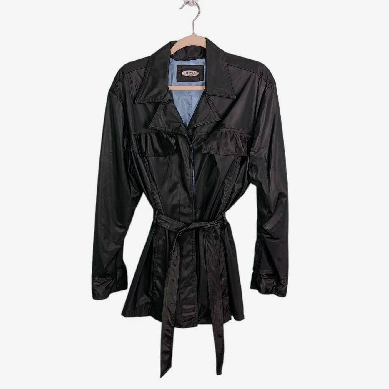 OUTBOUND COLLECTION Womens Black Large Jacket Coat Sheen Button Up Belted Lined