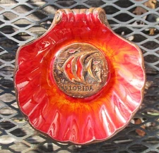 TREASURE CRAFT Red Orange Lava Florida Ashtray Dish Scallop Shell w/ Angel Fish