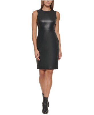 NWT Calvin Klein Black Faux Leather Sleeveless Knee Length Sheath Dress  Size 8 | eBay