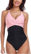 Ladies RETRO one piece Swimmng Costume PINK/BLACK Various Sizes B17