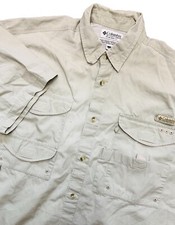 Columbia PFG Shirt Men  s L Beige UPF Vented Fishing Camp spots, distressing