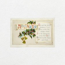 A Happy New Year Holly Bells Poem Embossed 1914 Made in USA Postcard