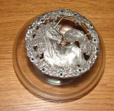 1989 Rawcliffe Unicorn Pewter Potpourri Glass Bowl, Blue Stones, Signed P. Davis