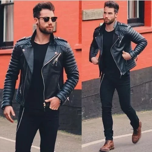 Men Genuine Lambskin Quilted Real Leather Motorcycle Slim fit Biker Jacket/Coat