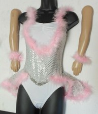 Silver Faux Sequin Leotard w/ attached skirt Pink Marabou feather trim adj strp
