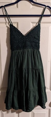 Aerie Green Tiered Dress M Crocheted Detail Cotton Blend Boho Festival Gift Idea