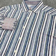 Robert Graham Shirt Mens Large Blue Stripe Flip Cuff Cotton Silk Trim Textured