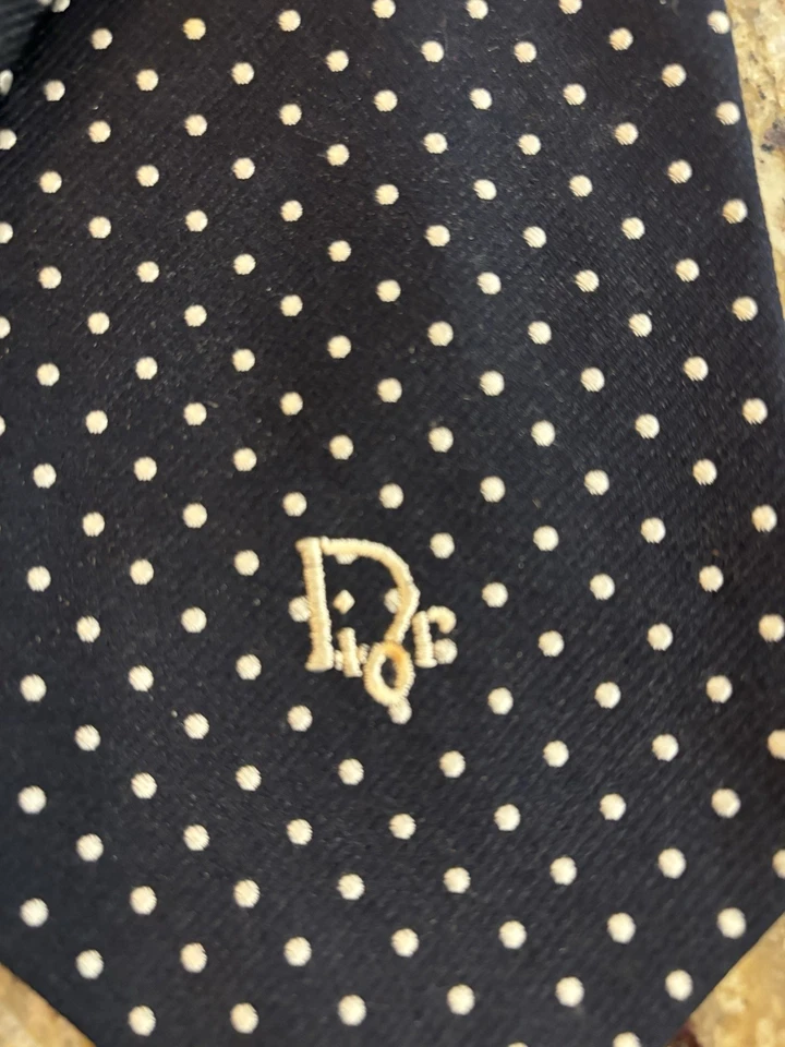 Винтажный галстук Christian Dior синий в горошек вышитый логотип шелковая смесь 56 дюймов - Изображение 2 из 4