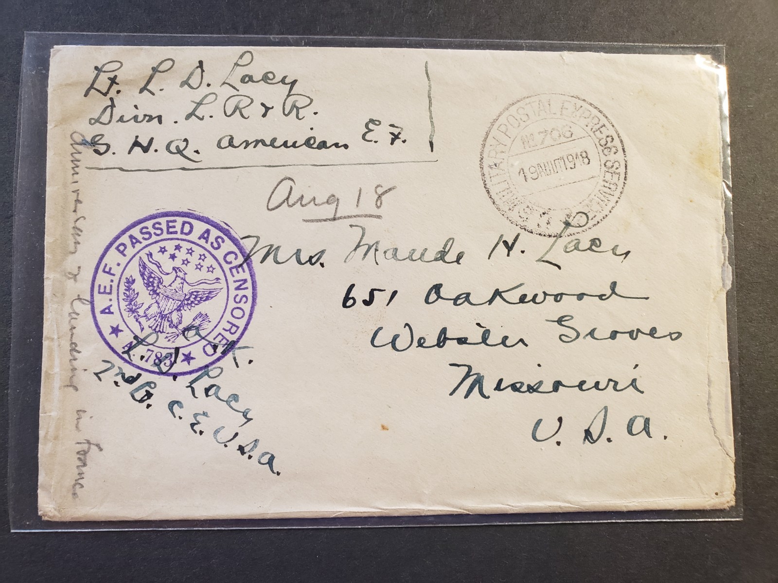 APO 706 CHAUMONT, FRANCE Army AEF 1918 Censored WWI Postal History Cover Officer
