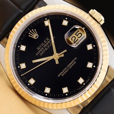 Rolex Datejust 16233 Schwarz Fabrik Diamant 18K Gold Stahl Leder Armbanduhr