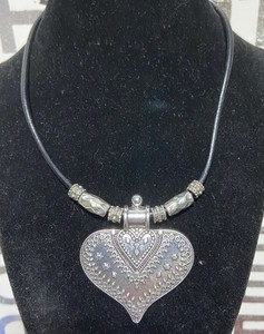Heart Pendant Necklace Silver Tone, On A Black Cord