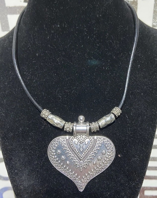 Heart Pendant Necklace Silver Tone, On A Black Cord