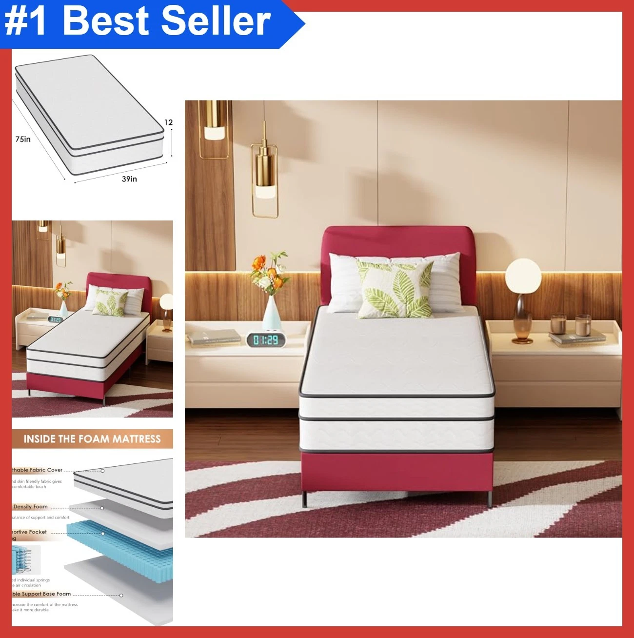 Twin Memory Foam Mattress 12 Inch Medium Firm Pocket Spring Bed in a Box with