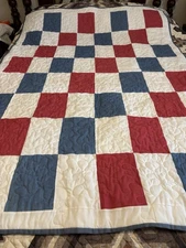 Homemade Lap/Throw Size Red White Blue Brick Pattern 46” X 64” New Cotton
