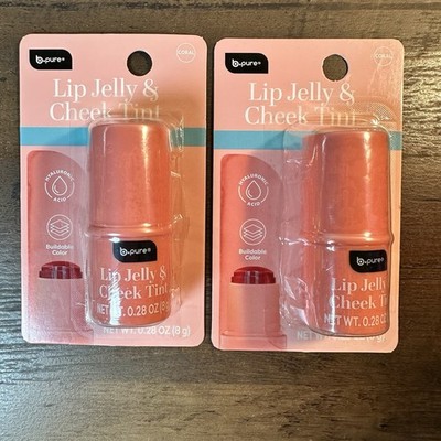 B*Pure Lip Jelly & Cheek Tint ~ Coral ~ Hyaluronic Acid  Buildable Color 2pk NEW