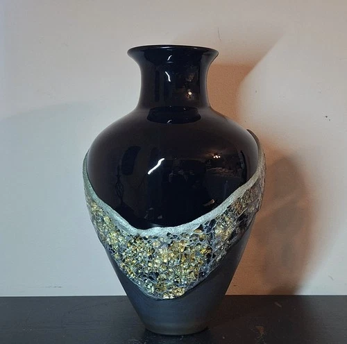 Large BLENKO Ebony Glass Vase with Mosaic by Lorrie Adams - Signed - 18"