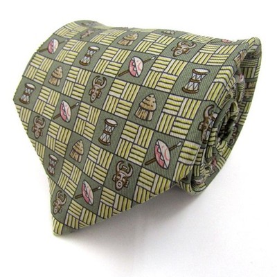 Hermes Brand Tie Allover Checkered Pattern Ethnic Motif Silk PO Men's Khaki HERM