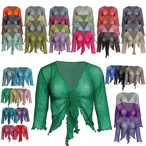 New Womens Tie Up Open Front Shrug Ladies Knitted Cropped Bolero beach summer