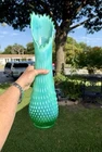 XL RARE 17.5”  FENTON EMERALD GREEN OPALESCENT HOBNAIL  SWUNG VASE UV GLOW