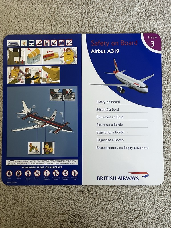 British Airways A 319 Issue 3 Safety Instructions Card