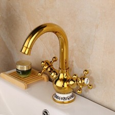 Bathroom 360  Swivel Ceramic 2 handles Sink Golden Brass Tap Vessel Mixer Faucet
