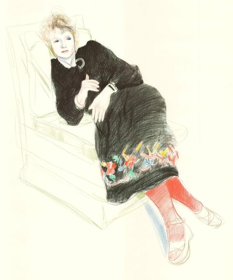 DAVID HOCKNEY Retrato de Celia en un vestido negro con borde de colores 35" x 25" L Foto 2 de 4